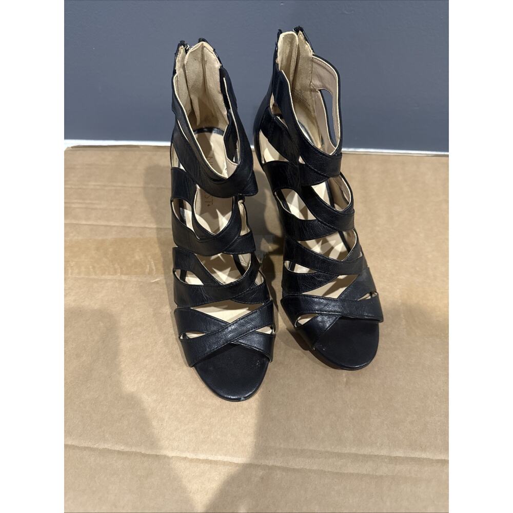 Nine West Cronin Wedges Shoes Black Leather Gladiator Size 6M